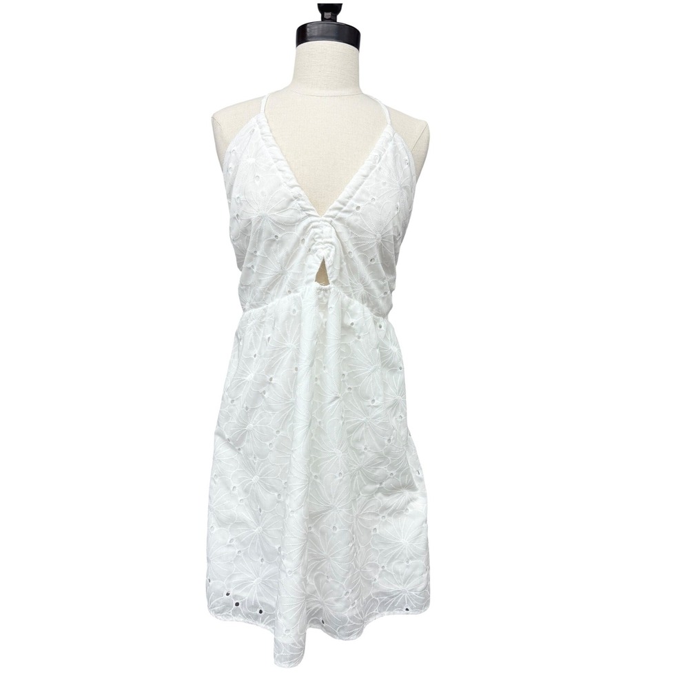 Pink Lily White Eyelet Halter Mini Dress Floral Cutout Backless Womens L White
